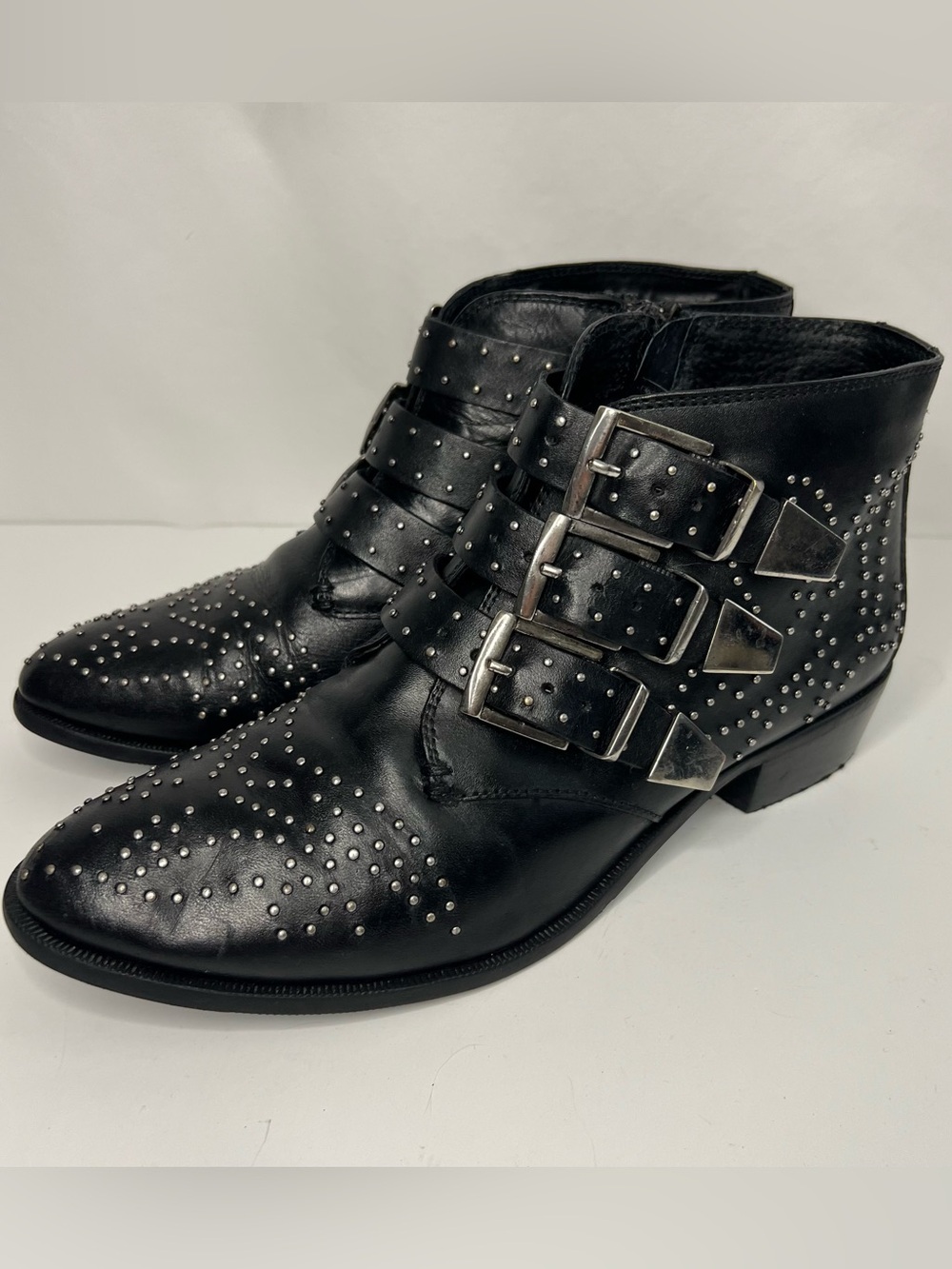 Bronx Silver Studded Black Leather Maya Buckled Ankle Boots 8